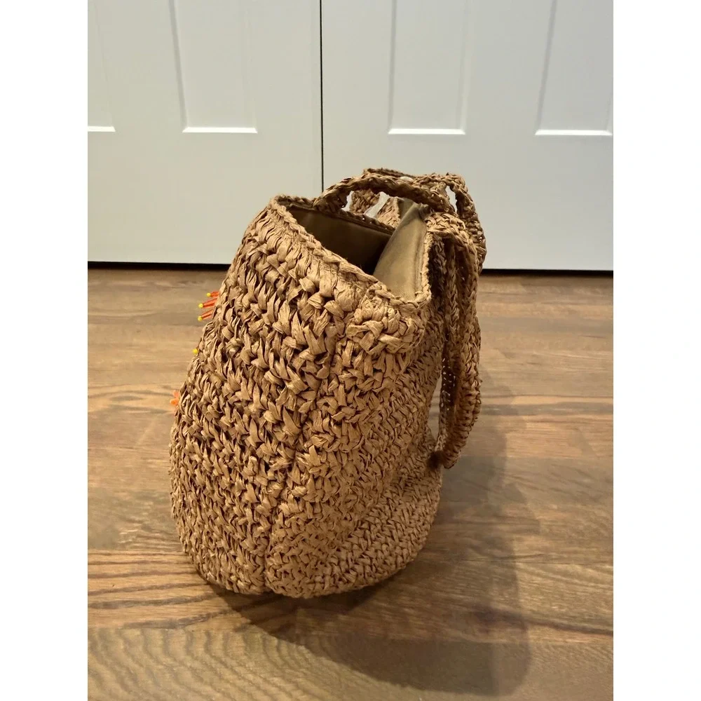 New Anthropologie Handcrafted Woven Straw Floral Beaded Sequin Tote Bag Tan Pink